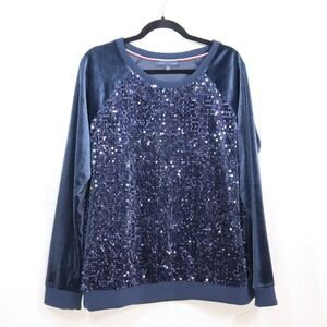 Tommy‎ Hilfiger Velvet Sequin Sweatshirt XL Blue Womens Raglan Sparkle Pullover